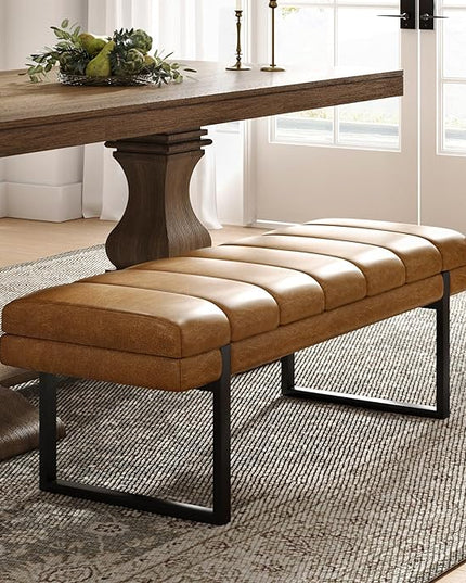HULALA HOME 53" Faux Leather Entryway Bench, Button Tufted End of Bed Bench Ottoman for Bedroom, Living Room with Metal Base,Camel