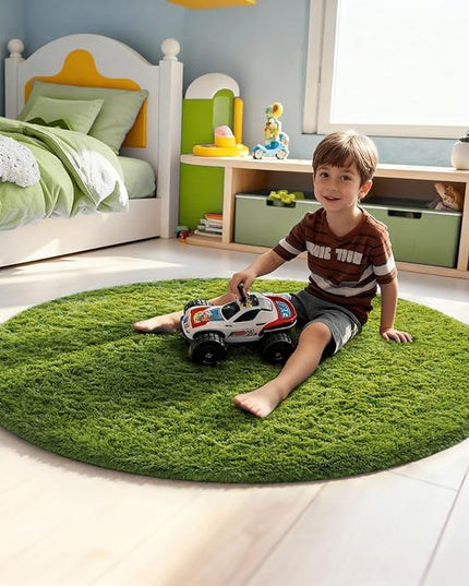 Ophanie Round Rug 4Ft Green Circle Area Rug, Green Room Decor, Fluffy Fuzzy Bedroom Carpet, Plush Soft Shaggy Living Room Rugs for Kids Home Decor Aesthetic, Nursery
