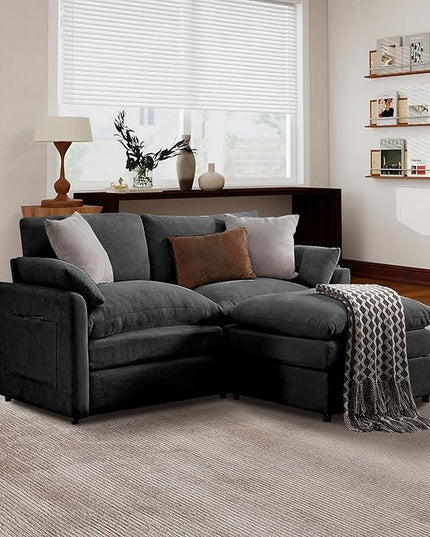 Tbfit Living Room Furniture Set, Loveseat Couch & Ottoman, Modern Comfy Cloud Sofa Set, Spring Seat Cushions, Chenille, Dark Gray