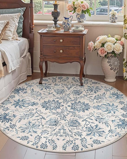 jinchan Torino Classic Floral Round Rug 6ft, Vintage-Inspired Design 6’Circle Rug, Machine Washable Ultra-Thin Low-Pile Non-Slip Indoor Carpet for Bedroom Dining Room Living Room Entryway, Dark Blue
