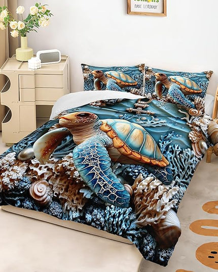 AILONEN 3D Sea Turtle Bedding Sets,Ocean Bedding Sets Queen Size,Shell Anchor Duvet Set,3-Piece, 1 Quilt and 2 Pillowcases,Soft Microfiber