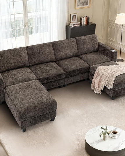 110" Convertible U-Shape Couch with 2 Flexible Ottomans, Soft Sectional Sofa with 2 Built-in Cup Holders, Chenille 4 Seats Sofa with Well-Filled Back Cushions for Living Room, House, Brown