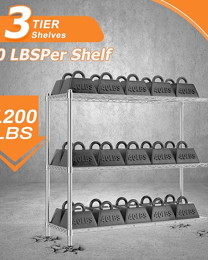 Storage Shelves Heavy Duty, 48" W x 20" D x 47" H Garage Wire Shelving Unit Loads 1200LBS, 3-Tier Adjustable Metal Industrial Utility Shelf Rack for Kitchen, Laundry Room, Pantry, Warehouse, Basement