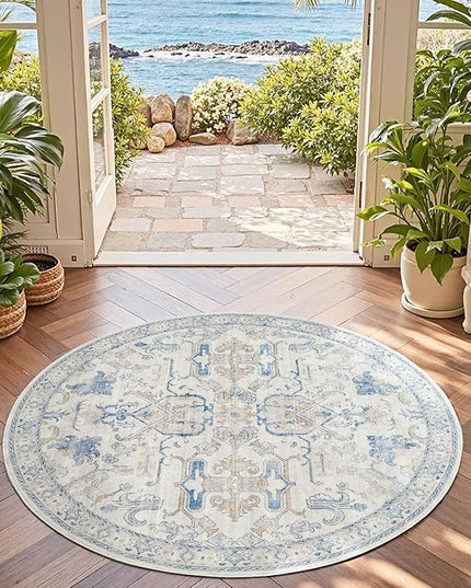 jinchan Round Rug 4ft Area Rug Indoor Vintage Floral Circle 4' Washable Ultra-Thin Low Pile Soft Small Non Slip Distressed Print for Living Room Dining Room Bedroom Entryway Blue