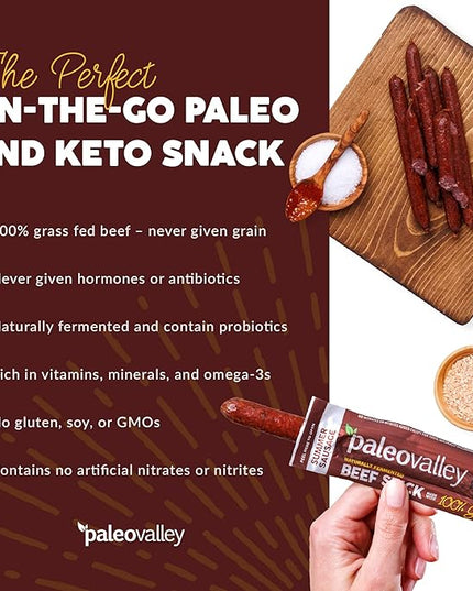 Paleovalley 100% Grass Fed Summer Sausage Beef Sticks - Delicious Gluten Free Beef Snack - High Protein Keto Friendly