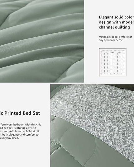 Monbix Queen Comforter Set - 7 Pieces Sage Green Bed in a Bag Queen Track Stitching Bedding Sets, All Seasons Comforter Bed Set with Sheets, Pillowcases & Shams