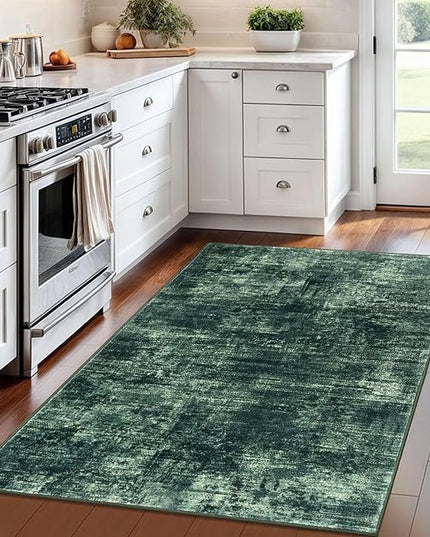 IOHOUZE Abstract Area Rug 4x6 Ft Washable Rugs for Entryway Indoor, Non Slip Small Living Room Rugs Printed Faux Wool Throw Rug, Floor Carpet for Kitchen Nursery Playroom, Dark Green