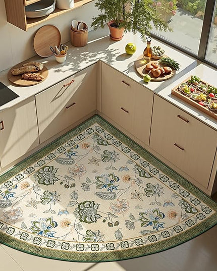 jinchan Elora Floral Corner Rug for Entryway Washable Rug Vintage Romance Christmas Design Non Slip Quarter Circle Lightweight Low-Pile Throw Carpet for Playroom Nook Nursery 4ft Radius, Green/Beige