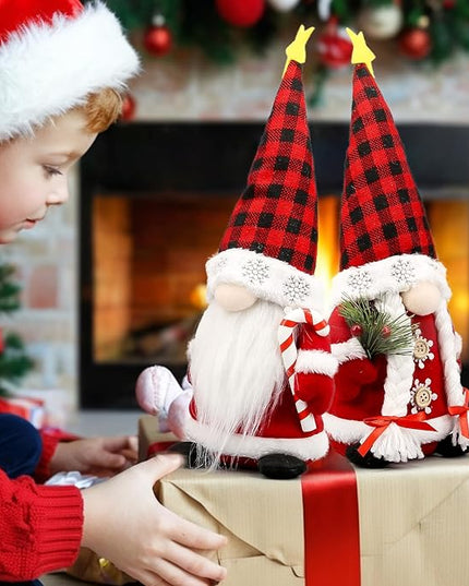 Lovinland Christmas Gnomes Plush Couple with Red Buffalo Check - Xmas Gnomes Elf Tomte Ornaments Doll - Christmas Decorations - Xmas Decorations for Home, Indoor, Office