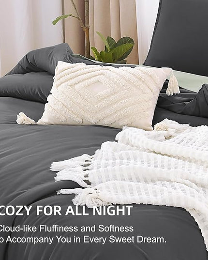 Litanika Dark Grey Comforters Oversized Queen Size, 3 Pieces Lightweight Solid Bedding Comforter Set, All Season Fluffy Bed Set (98x98In Comforter & 2 Pillowcases)