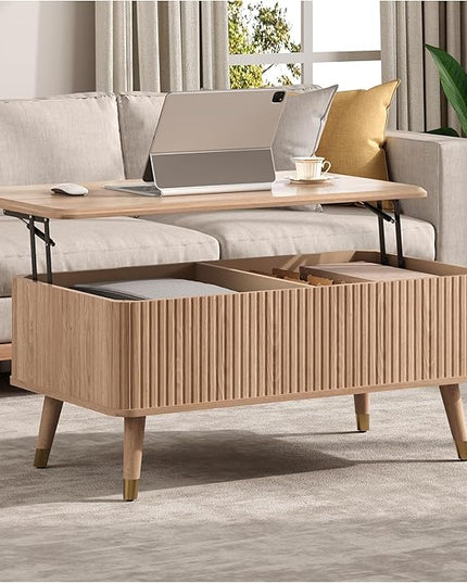 Lift Top Coffee Table with Storage, Mid Century Modern Coffee Table with Solid Wood Legs, 38" Minimalist Fluted Center Table for Living Room, Home Office, Natural Oak