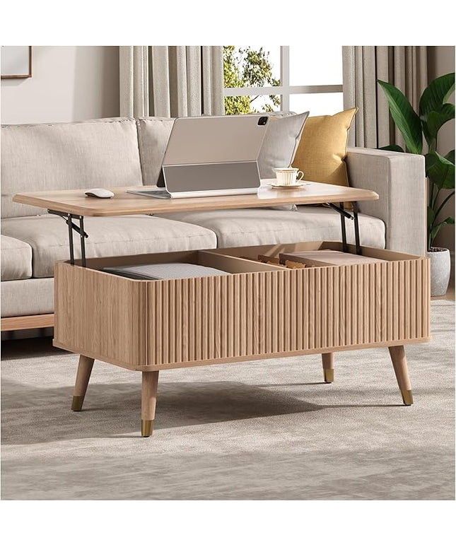 Lift Top Coffee Table with Storage, Mid Century Modern Coffee Table with Solid Wood Legs, 38" Minimalist Fluted Center Table for Living Room, Home Office, Natural Oak