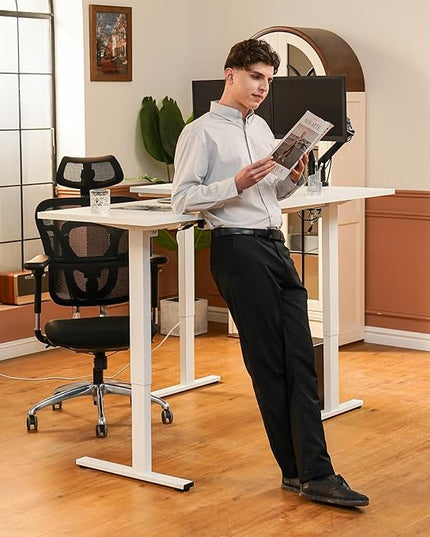 SANODESK Electric Corner L-Shaped 63 x 55 in Standing Desk, Memory Height Adjustment, White Top White Frame