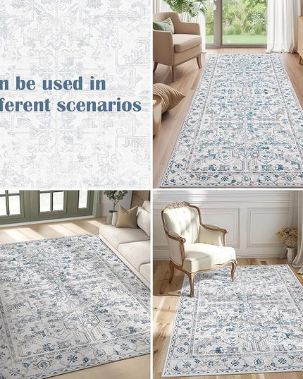 jinchan Lima Hallway Runner Rug 2x10 - Kitchen Washable Rug Floral Runner Non Slip with Rubber Backing Ultra-Thin Vintage Carpet for Bedroom Laundry Room Living Room (2x10ft, Blue)