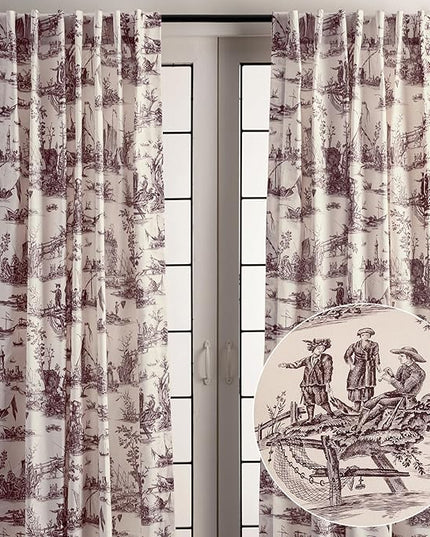 Maison d' Hermine Curtains for Living Room 100% Cotton 96 inch Length Two Panels Light Filtering Toile Curtains for Bedroom Windows with Rod and Loop Pockets Drapes (Calais Charcoal, 50" W x 96" L)