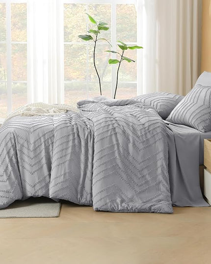 Litanika Light Grey California King Size Comforter Set with Sheets - 7 Pieces Bed in a Bag California King Boho Tufted Complete Bedding Sets with Comforter, Sheets, Pillowcases & Shams