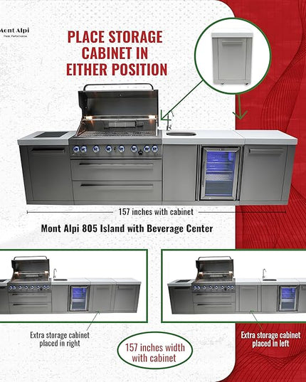 Mont Alpi MAi805-BEVXL 6-Burner 115000 BTU Original Stainless Steel Island Outdoor Kitchen Gas BBQ Grill + Beverage Center Faucet & Sink + Granite Countertops + 25" Right Extra Storage Cabinet