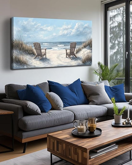 Coastal Wall Art Light Blue Canvas Landscape Art Print Beach Wall Decor Large Seascape Picture 24" x 48" Artwork for Living Room Bedroom Office