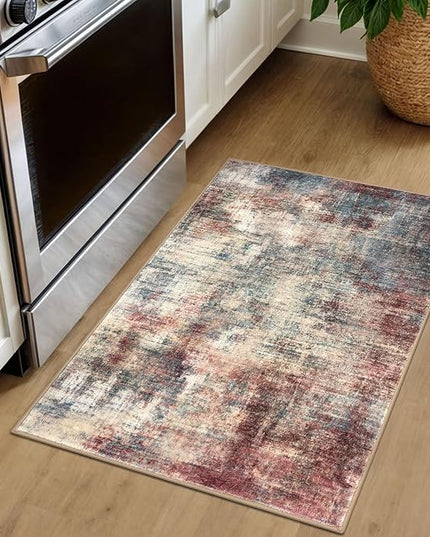 IOHOUZE Small Abstract Area Rug 2x3 Ft Entryway Rugs Washable Door Mat Indoor Entrance, Rubber Backed Throw Rugs, Printed Faux Wool Non Slip Floor Carpet for Foyer Front Door Sink, Red/Multi