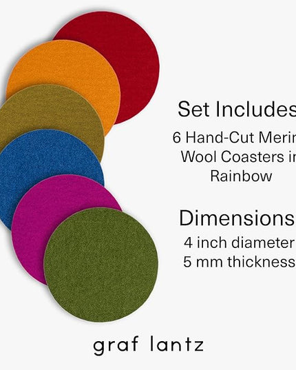 Graf Lantz - Bierfilzl Merino Wool Round Coasters Set of 6 - Rainbow (4" Circles) - Absorbs 30% of Weight - German Wool - Heat Resistant, Sustainable, & Reusable - Home Decor & Coffee Table Decor