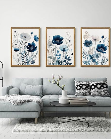 DUWQU 3 Pcs Blue Floral Canvas Wall Art, Wood Framed Navy Blue Wildflower Lily Daisy Art Wall Decor, Watercolor Botanical Flower Home Poster Art Prints for Living Room Bedroom Bathroom 12×16 Inches