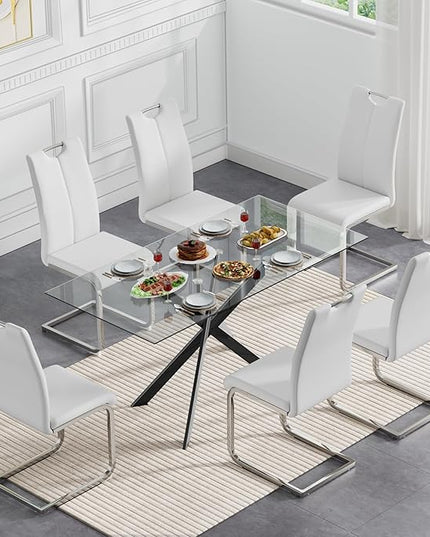 7 Piece Glass Dining Table Set, Glass Kitchen Dining Room Table Set for 6, 61" Modern Rectangular Black Glass Metal Dining Table with 6 White PU Leather Dining Chairs for Kitchen Dining Room