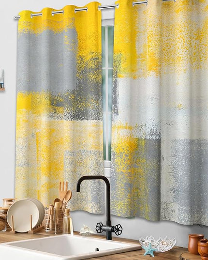 Yellow Window Curtain Yellow Grey Abstract Thermal Insulating Drapes Rust Art Treatment Drapes Modern Curtains for Living Room Bedroom Hotel, 26" x 36", 2 Panels
