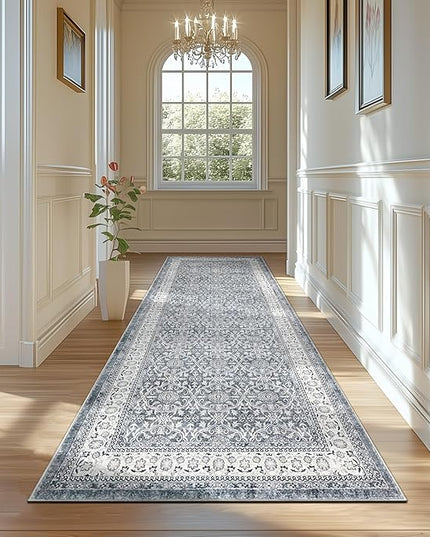 jinchan Hallway Runner Rug 3x10 - Machine Washable Grey Vintage Floral Distressed Design Soft Non-Slip Low-Pile Ultra-Thin Runner Rug for Kitchen Laundry Room Bedroom Farmhouse (3‘x10', Grey)