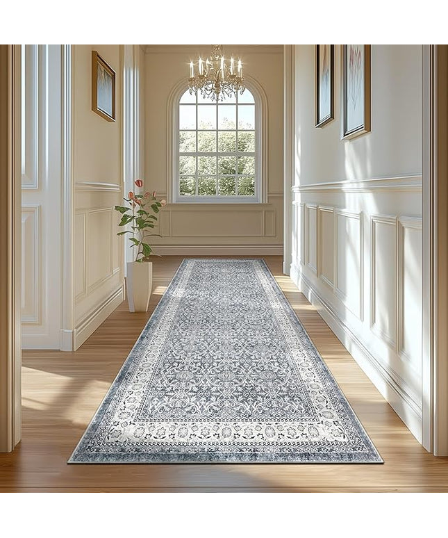 jinchan Hallway Runner Rug 3x10 - Machine Washable Grey Vintage Floral Distressed Design Soft Non-Slip Low-Pile Ultra-Thin Runner Rug for Kitchen Laundry Room Bedroom Farmhouse (3‘x10', Grey)