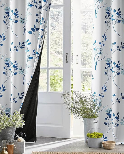 Beauoop Floral 100% Blackout Curtains 90 Inches Long 2 Panels for Bedroom Living Room Navy Blue and White Flower Patterned Room Darkening Thermal Soundproof Grommet Window Treatments Drapes, 52X90