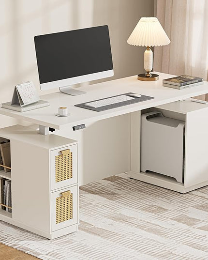 71" Standing Desk with Storage, Large One-Piece Desktop, Electric Height Adjustable Stand Up Executive Desk, Privacy Panel, AC/USB, Host Storage, White Rattan