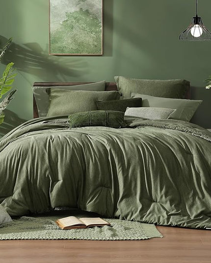 Monbix California King Comforter Set - 7 Pieces Cationic Dyeing Olive Green Bed in a Bag Cal King Bedding Sets with Comforter, Sheets, Pillowcases & Shams, Reversible Bedding Comforters Sets(108 * 92)