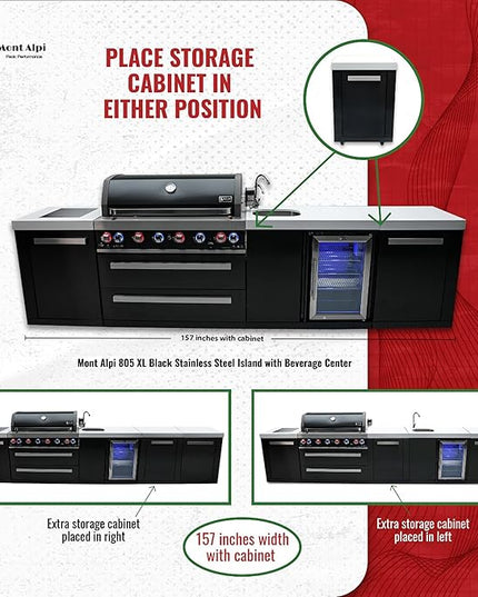 Mont Alpi MAi805-BSSBEVXL 6-Burner 157" Premium Black Stainless Steel Outdoor Kitchen Island BBQ Gas Grill + Beverage Center Sink & Faucet + Refrigerator + Granite Countertops + Cover + Rotisserie Kit