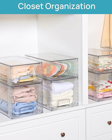 Vtopmart 4 Pack Large Stackable Storage Drawers,Easily Assemble Acrylic Bathroom Closet Undersink Organizers and Storage,Plastic Bins for Kitchen Cabinets,Pantry,Makeup,Medicine Organization