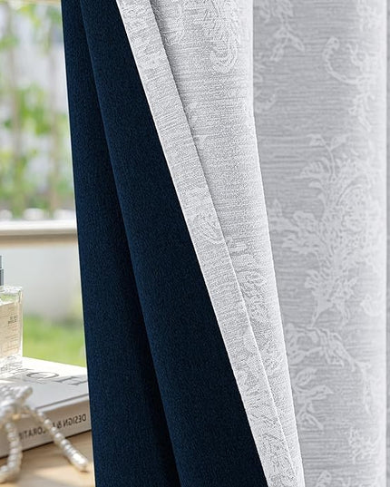 FMFUNCTEX Grey Floral Jacquard Blackout Curtains 84 Inches Long for Bedroom, Scroll Flower Chenille Farmhouse Curtains for Living Room Darkening Thermal Insulated Grommet Window Drapes 2 Panels