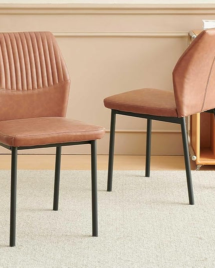 Dining Chairs Set of 2, Brown PU Leather Dining Chairs, Comfortable Upholstered Armless Kitchen Chairs with Black Metal Legs for Living Room, Dining Room, Kitchen