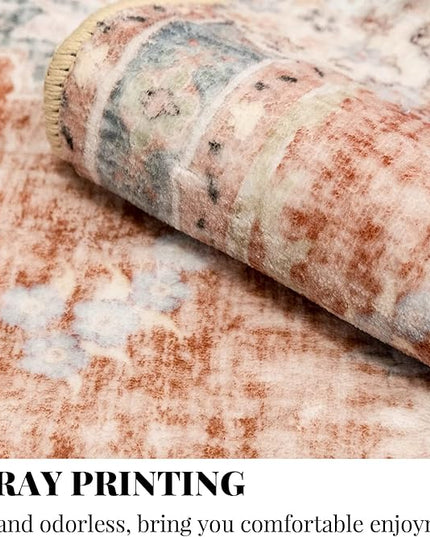 MUJOO 5'x7' Machine Washable Area Rugs for Living Room, Boho, Bedroom Laundry Room Kitchen Non Slip Carpet Abstract Soft Low-Pile Orange Navy Blue Floral.