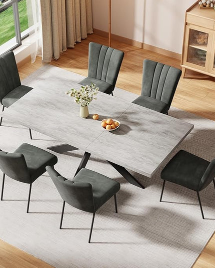 ZckyCine 6-Piece Extendable Dining Table Set, Modern 51''–67'' Grey Wood Table with 6 Black Fabric Chairs, Dining Room Table and Chairs for 6, Ideal for Kitchen or Dining Room
