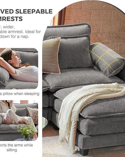 ELUCHANG 113" Modular Sectional Sofa, Comfy Cloud Couch, L Shaped Deep Seat Sofa Couches for Living Room, 4-Seater Modern Sofa with Movable Ottoman, DIY Combination - Chenille Light Grey
