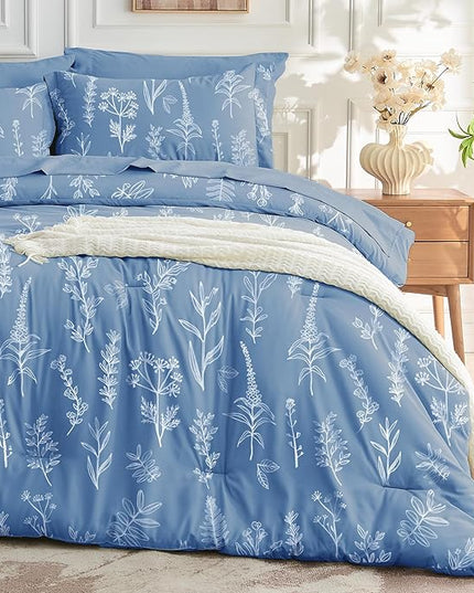 MUXHOMO Ice Blue Full Comforter Set, Elegant Floral Print Bed in a Bag 7 Pieces, Ultra Soft & Breathable Reversible Botanical Pattern Bedding Set with Comforter, Sheets, Pillowcases, and Shams