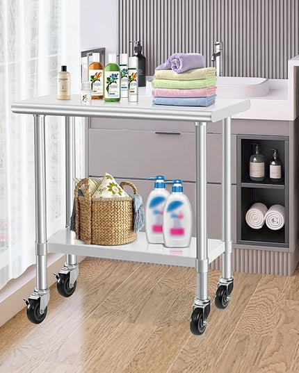 HARDURA Stainless Steel Commercial Table Prep & Work Table with Casters Heavy Duty Metal Table with Wheels NSF 430 18×36 Inches