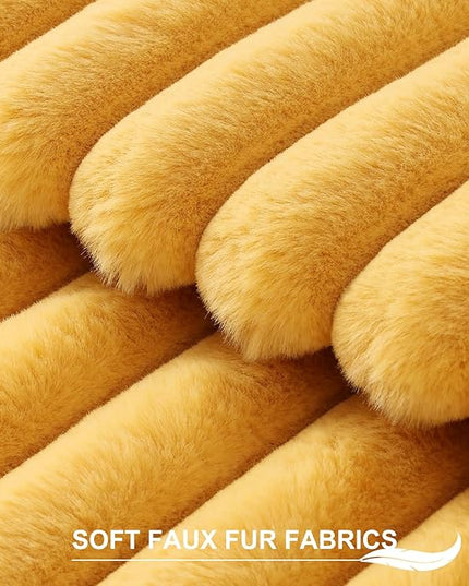 Pallene Faux Fur Plush Throw Pillow Covers 22x22 Set of 2, Luxury Soft Fluffy Striped Decorative Pillow Covers for Sofa, Couch, Living Room, Mustard Yellow