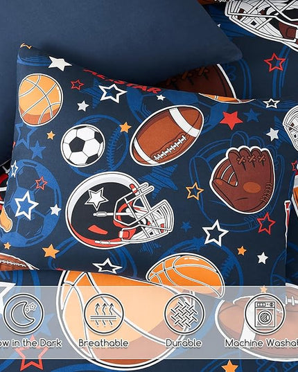 Full Size Comforter Set for Boys-7 Pieces Sports Ball Games Glow in The Dark Full Bedding Sets for Kids, Ultra Soft Bed in A Bag with Sheets