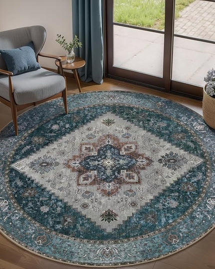 Ciicool Boho 5x5ft Round Area Rug Washable Bedroom Rug Non-Slip Oriental Entryway Throw Rug Low-Pile Indoor Circle Carpet for Dining Room