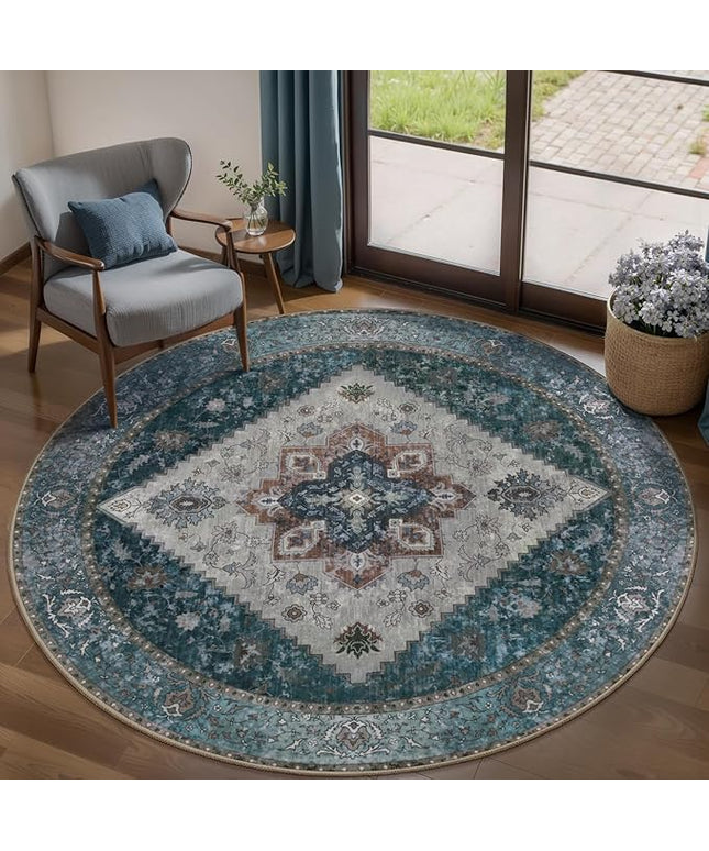 Ciicool Boho 5x5ft Round Area Rug Washable Bedroom Rug Non-Slip Oriental Entryway Throw Rug Low-Pile Indoor Circle Carpet for Dining Room