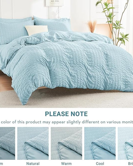 HYMOKEGE Lake Blue King Size Comforter Set Seersucker 7 Pieces, All Season Luxury Bed in a Bag for Bedroom, Bedding Set with Comforters, Sheets, Pillowcases & Shams