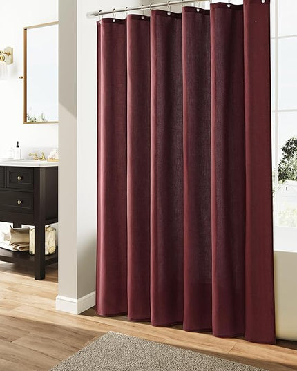 Naturoom 54 Inch Shower Curtain - Stall Narrow Half Linen Ultra Thick Fabric Shower Curtain Set with Hooks, Boho Farmhouse Rustic RV Camper Bath Curtains for Bathroom, Burgundy, 54x78