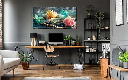 Lotus Flower Wall Art for Living Room, Floral Canvas Picture Print for Bedroom, Vintage Artwork Decor for Home, Stretched and Framed Ready to Hang, Size 48x24 Inches