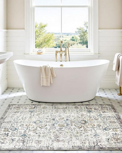 jinchan Kalen Area Rug 4x6 Washable Bedroom Rug Vintage Indoor Thin Floor Cover Retro Distressed Floral Country Boho Lightweight Non Slip Carpet for Kitchen Living Room Dining Room Office Blue