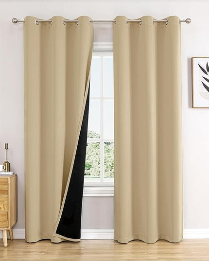 ChrisDowa 100% Blackout Curtains 84 inch Long for Bedroom with Black Liner, 2 Thick Layers Total Blackout Thermal Insulated Grommet Window Curtains 2 Panels Set (Beige, 38 x 84 Inch)